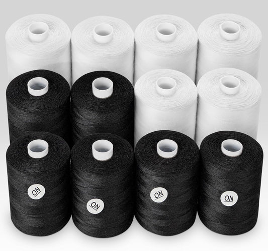 ilauke Sewing Thread, 12 Spool All Purpose Polyester Thread, Each 1000 Yards Sewing Thread for Hand Sewing,Quilting,Sewing Machine, 2 x White & 2 x Black