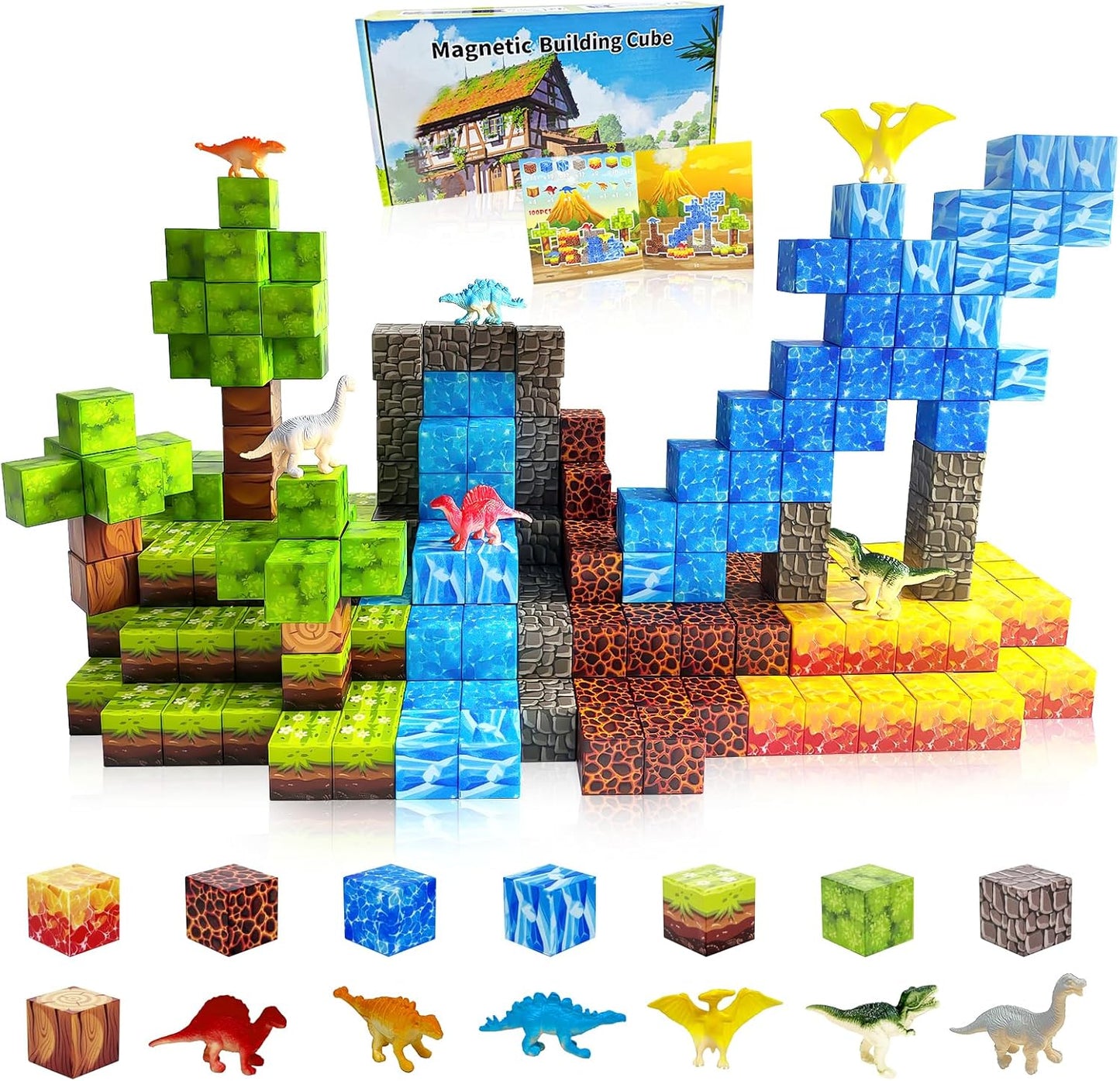 100PCS Dinosaur Magnetic Blocks for Kids: 1" Magnetic Building Blocks for Kids Ages 4-8 8-12, Magnet Cubes Sensory STEM Stacking Toys for Boys & Girls,Christmas Birthday Gifts for Toddler Ages 3+