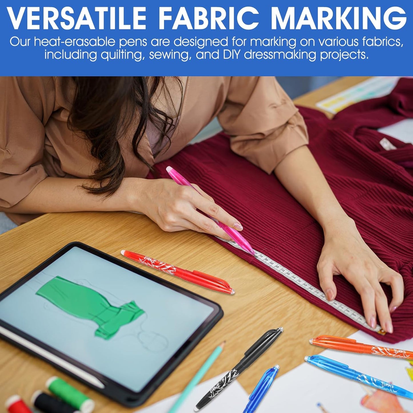 12pcs Heat Erasable Pens for Fabric, Fabric Marking Pens Fabrics Markers No Ghost Lines, Disappearing Ink for Precise Marking for Quilting Sewing Embroidery DIY Dressmaking Fabrics Tailors Chalk