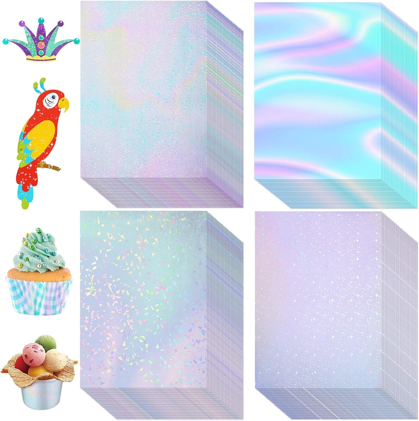 108 Sheets Holographic Sticker Paper Clear A4 Vinyl Sticker Laminate Sheets Adhesive Holographic Overlay Waterproof Transparent Film with Gem, Colorful, Dot, Star, 11.7 x 8.3 Inch