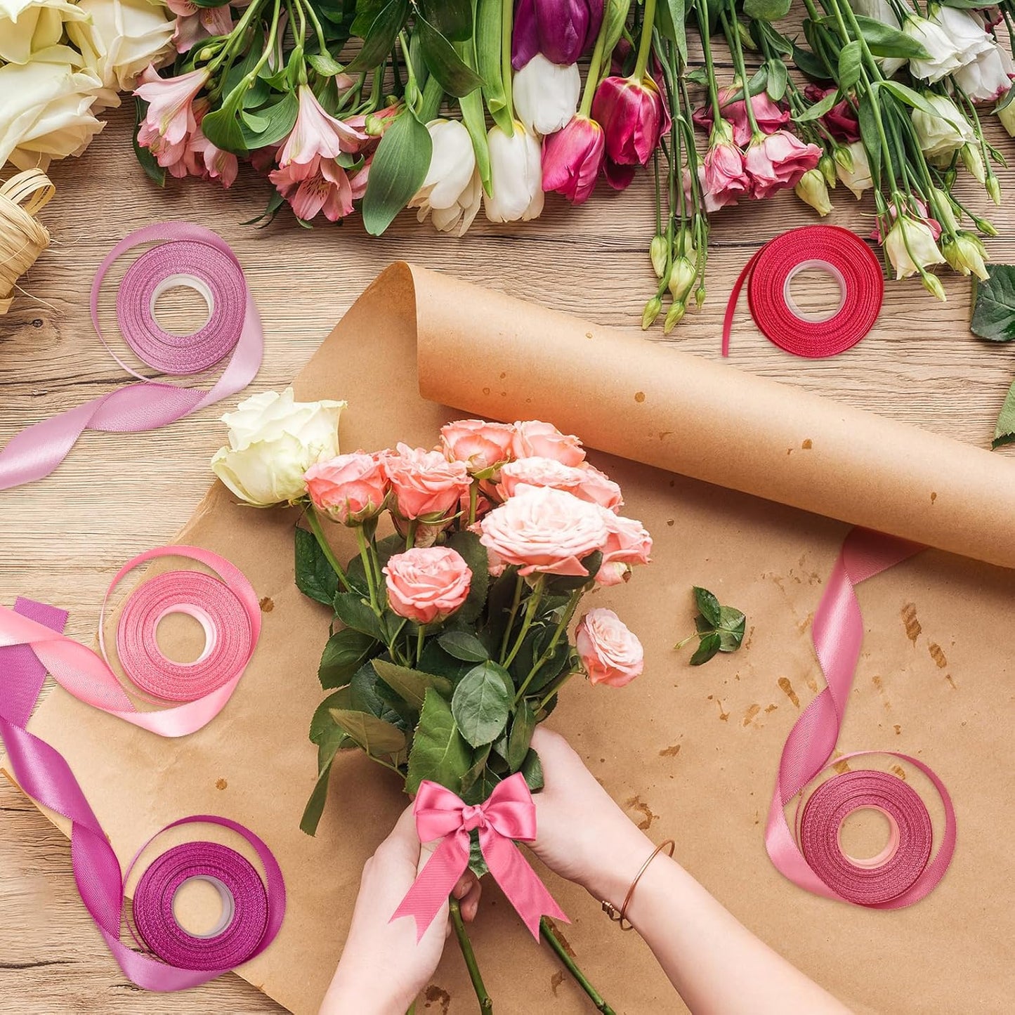1 Inch Pink Satin Ribbons for Crafts, 6 Rolls Single-Faced Pink Assorted Ribbons for Gift Wrapping Flower Bouquet Wedding Invitations Bridal Shower Hair Bows Garland Party Decor