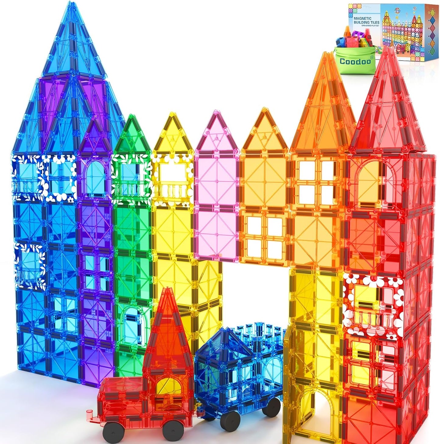100PCS Magnetic Tiles STEM Building Toys Set with 2 Cars, Sensory Stacking Magnetic Blocks for Toddlers & Kids, Ideal for Preschool Montessori Toys Christmas Birthday Gifts for Boys & Girls Ages 3+