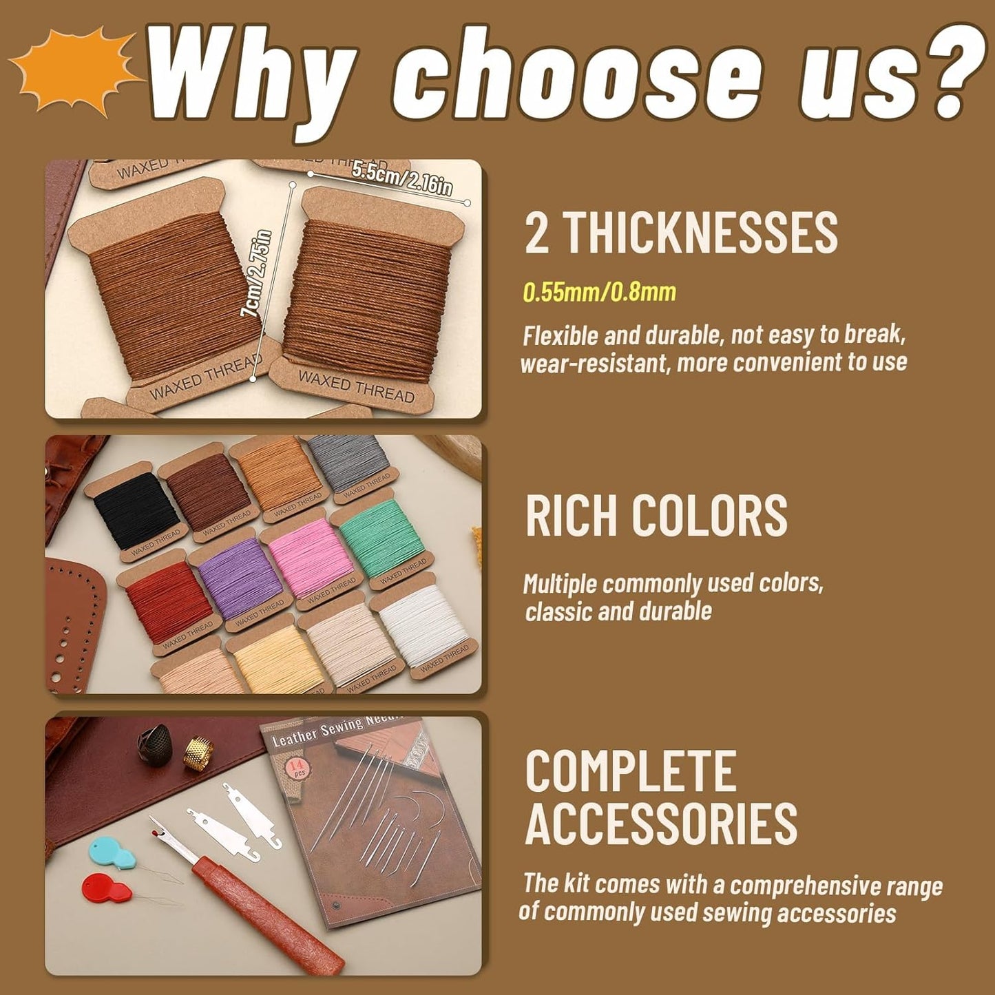 IMZAY 132 Yards Upholstery Repair Kit, 0.55MM and 0.8MM Waxed Sewing Thread with 14 PCS Heavy Duty Needles, Thimbles for Leather Sewing, Bookbinding, Beading, Stitching (3 Colors)