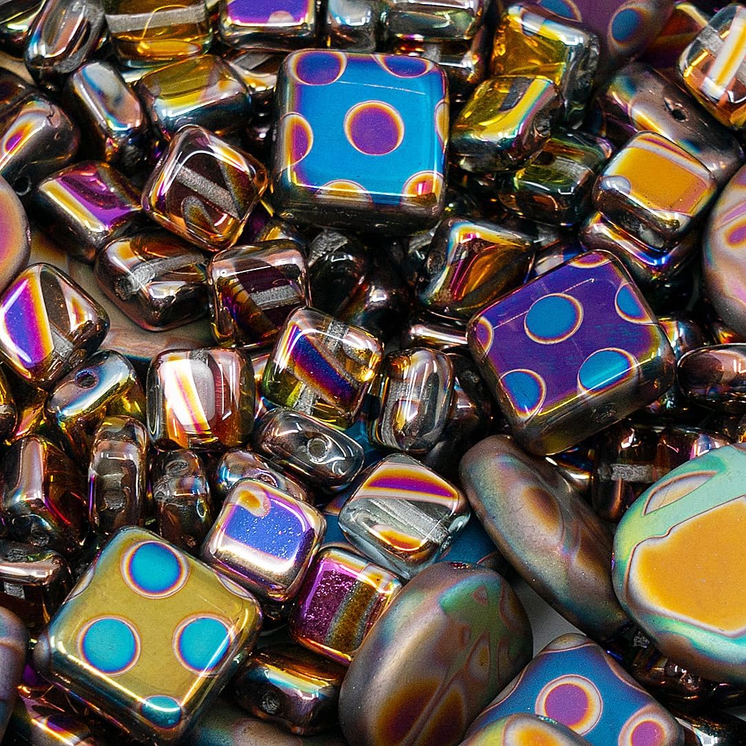 1.75 oz (50g) Mix of Unique Czech Bohemia Glass Pressed Beads, Violet Pink Vitrail Sliperit, Patterned, Matte and Glossy, Hand Made BCV