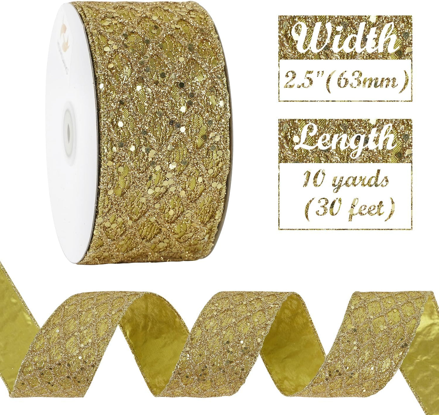 HUIHUANG Gold Glitter Wired Ribbon for Christmas Tree 2.5 inch Gold Diamond Mesh Ribbon for Tree Decoration, Wreaths, Garland, Gift Wrapping, Large Bows Making, Home Decor -10 Yards