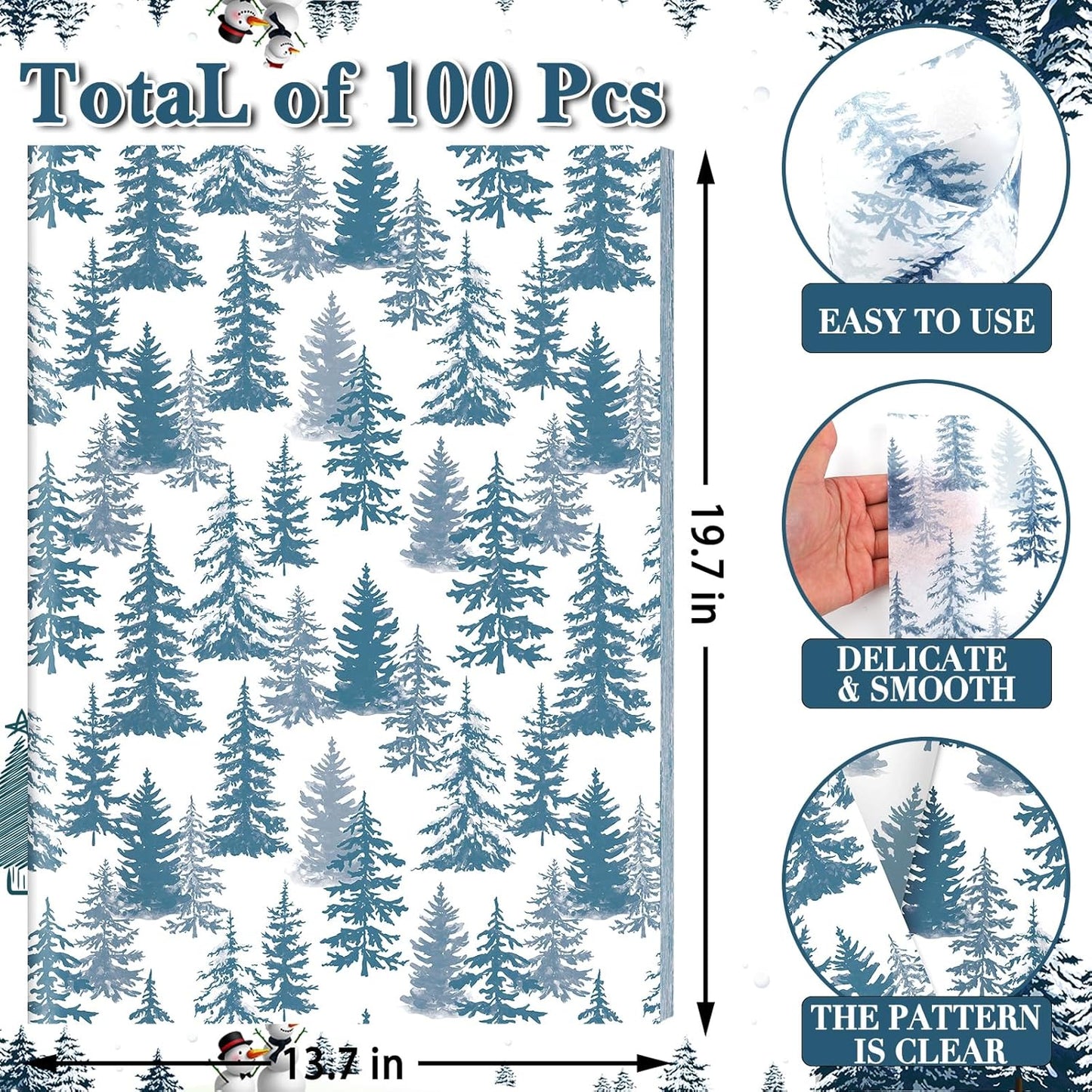 100 Sheets Christmas Tree Tissue Paper, 20x14in Forest Style Wrapping Tissue Watercolor Xmas Tree Art Tissue for Xmas Party Gift Bag Fillers Winter Party Decor (Blue)