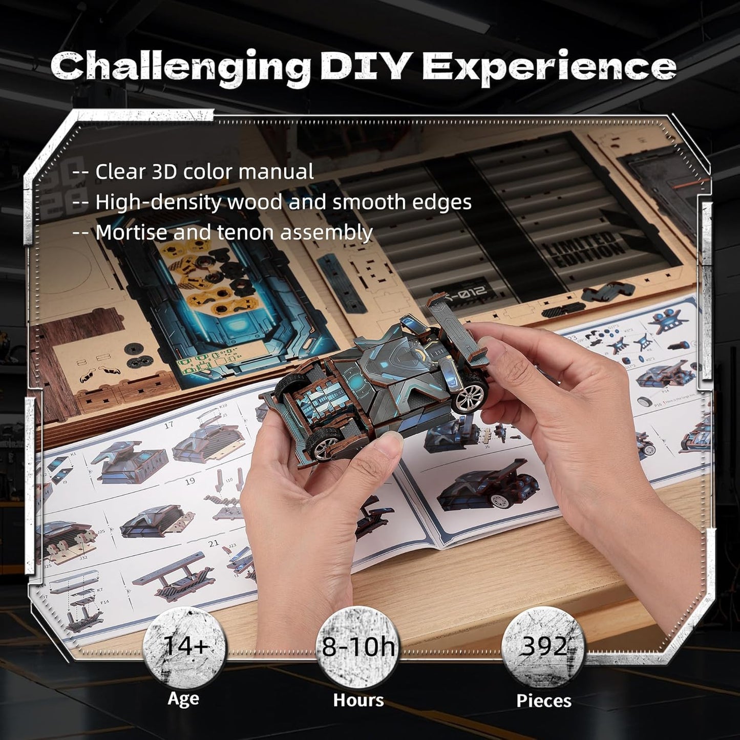 3D Wood Puzzle Book Nook Kit, Automobile Workshop Miniature Bookshelf Insert Décor with LED Lights, DIY Mechanical Model for Display, Unique Craft for Adults and Teens (Automobile Workshop)