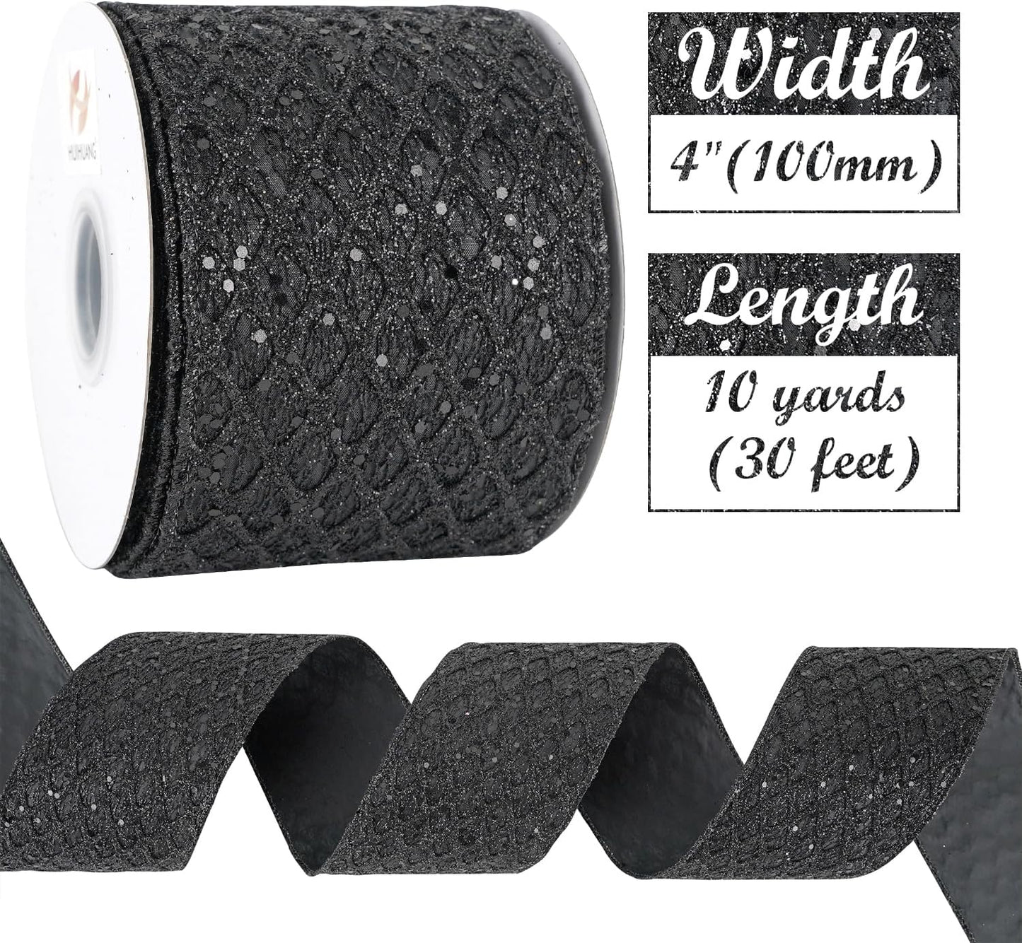 HUIHUANG Black Glitter Wired Ribbon 4 inch Black Christmas Tree Ribbon Diamond Mesh Wire Ribbon for Tree Decorations, Wreaths, Garland, Large Bows Making, Halloween Decor -10 Yards