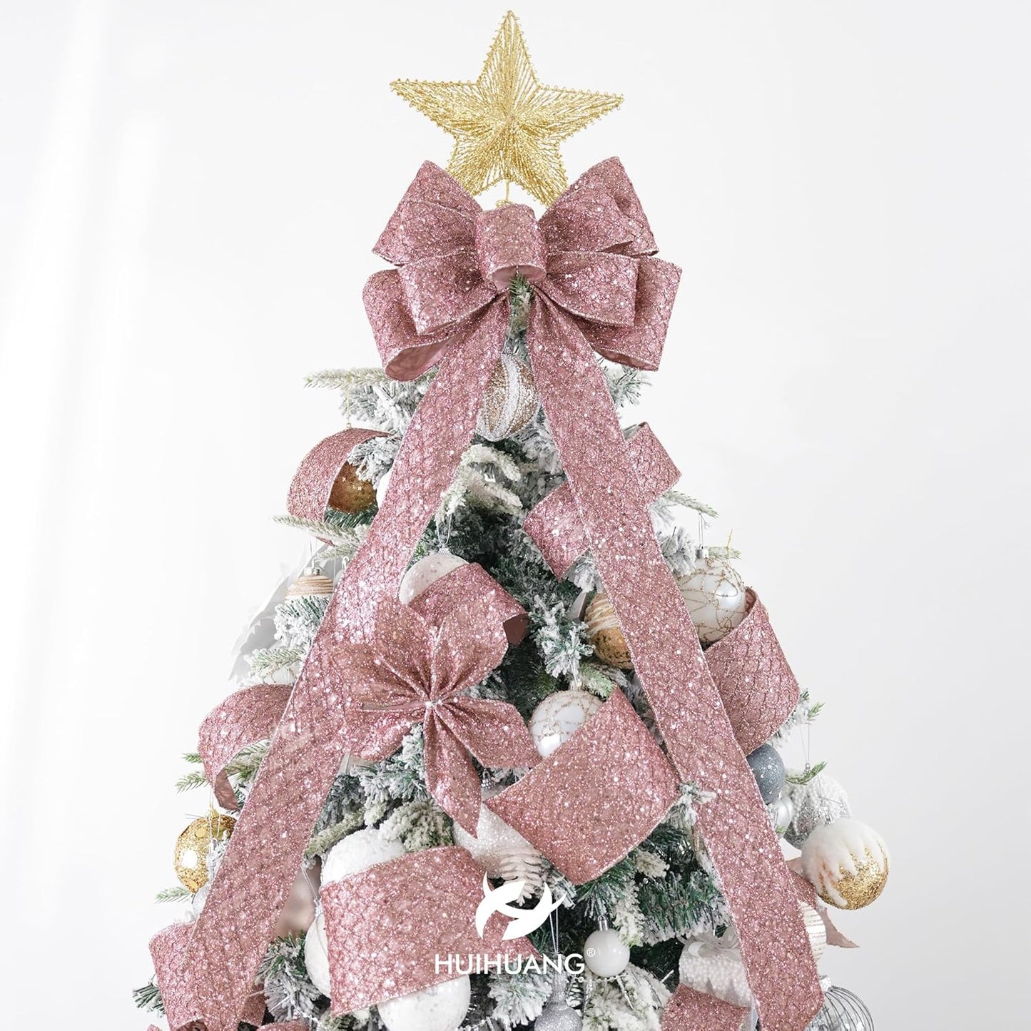 HUIHUANG Rose Gold Christmas Ribbon 4 inch Rose Gold Glitter Wired Ribbon Diamond Mesh Wire Ribbon for X-mas Tree Decorations, Wreaths, Garland, Large Bows Making, Home Decor -10 Yards