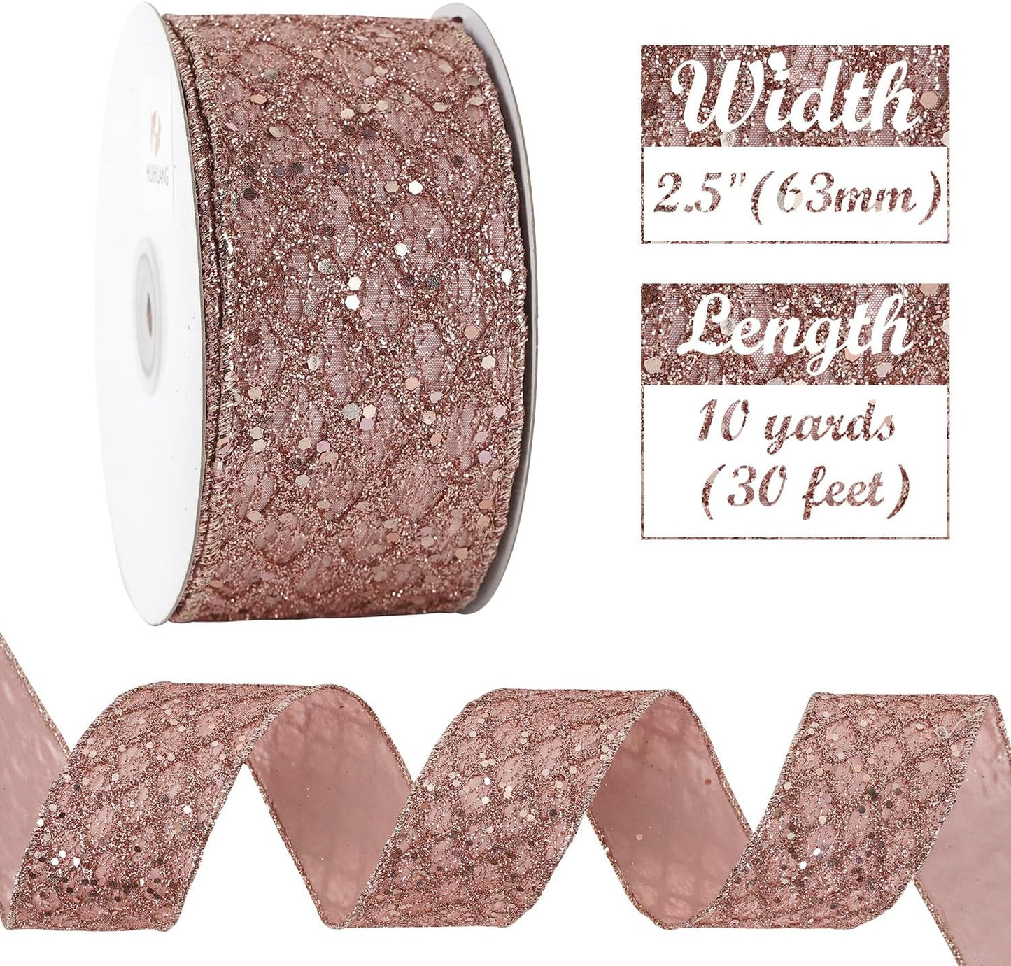 HUIHUANG Rose Gold Glitter Wired Ribbon for Christmas Tree 2.5 inch Rose Gold Diamond Mesh Ribbon for Tree Decoration, Wreaths, Garland, Gift Wrapping, Bows Making, Home Decor -10 Yards
