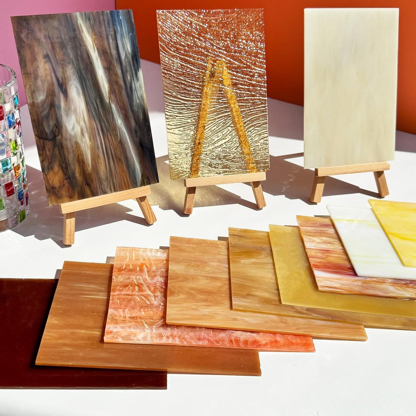 ILLUCKAI 12 Sheets Mixed Amber Stained Glass Sheets, 4 x 6 inch Stained Glass Supplies Mosaic Glass Tiles for Crafts, Cathedral Glass Art Glass for Stained Glass Beginners and Hobbyists