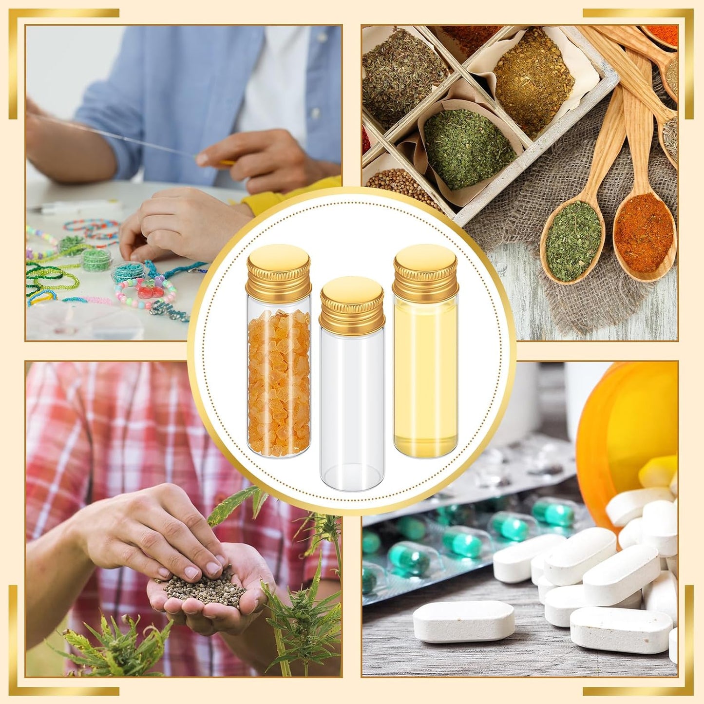 100 Pcs Small Clear Vials Spice Mini Jars with Lids Mini Glass Bottles with Screw Aluminum Metal Caps Tiny Jars Sample Containers for Powder Cream Cosmetic Jewelry Wedding (15 ml,Gold Caps)