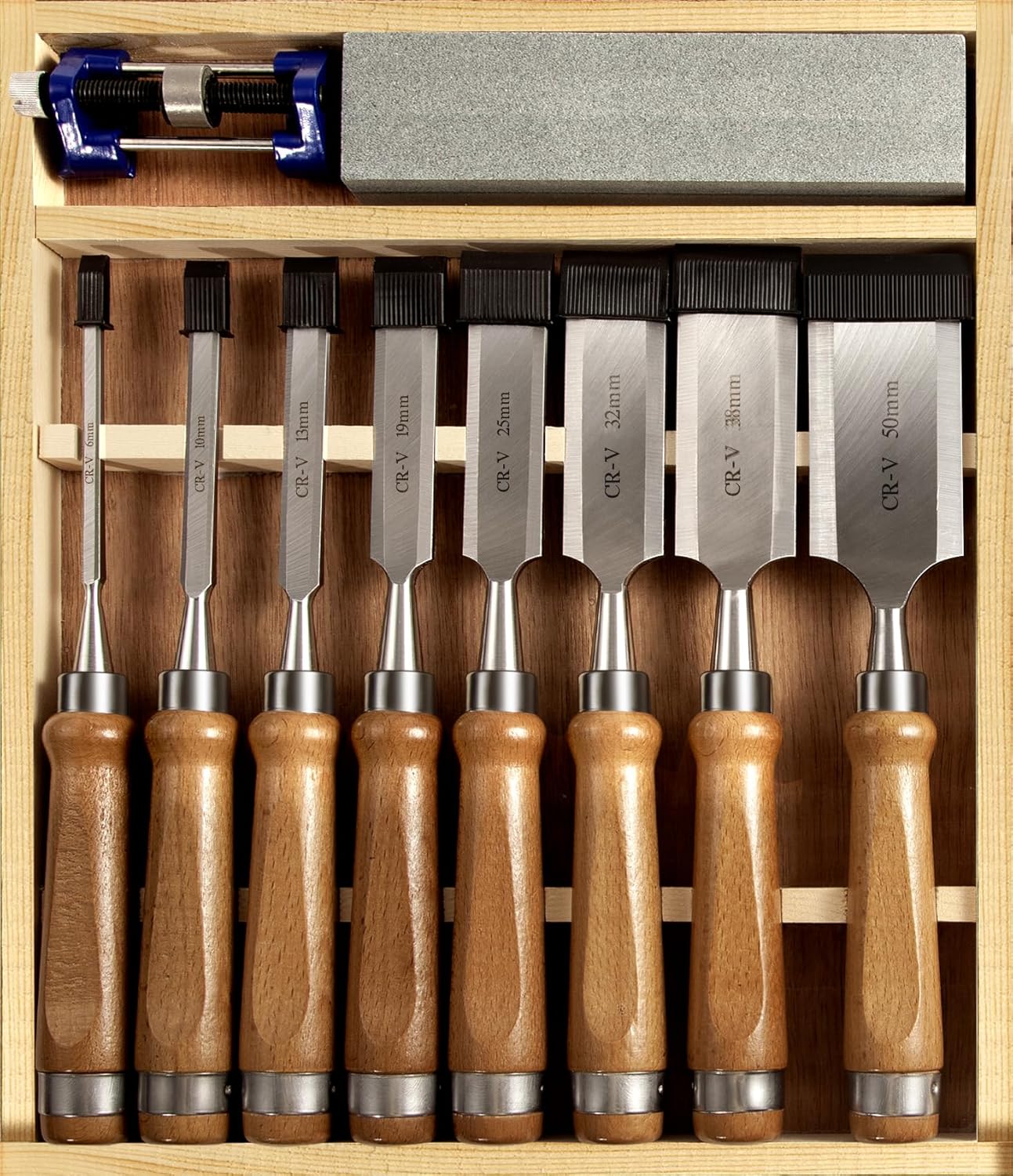 10 Pieces Wood Chisel Set, 1/4"~2" Woodworking Chisel Kit with Sharp CR-V 60 Steel Blades, Wooden Box, Honing Guide, Sharpening Stone for Carpenter Craftsman Woodworker