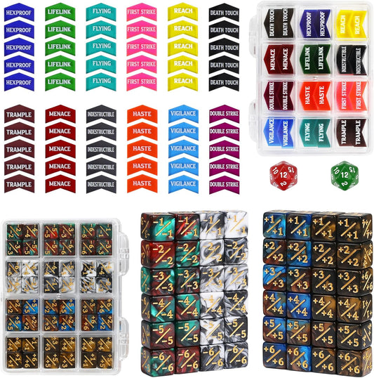 110PCS MTG Tokens & 12mm Magic Counter +1/+1 MTG Dice Set, Buff Ability Keywords Tokens Life Counters 6 Sided Dice, Compatible with Magic The Gatering CCG TCG Magic Card Game Accessories