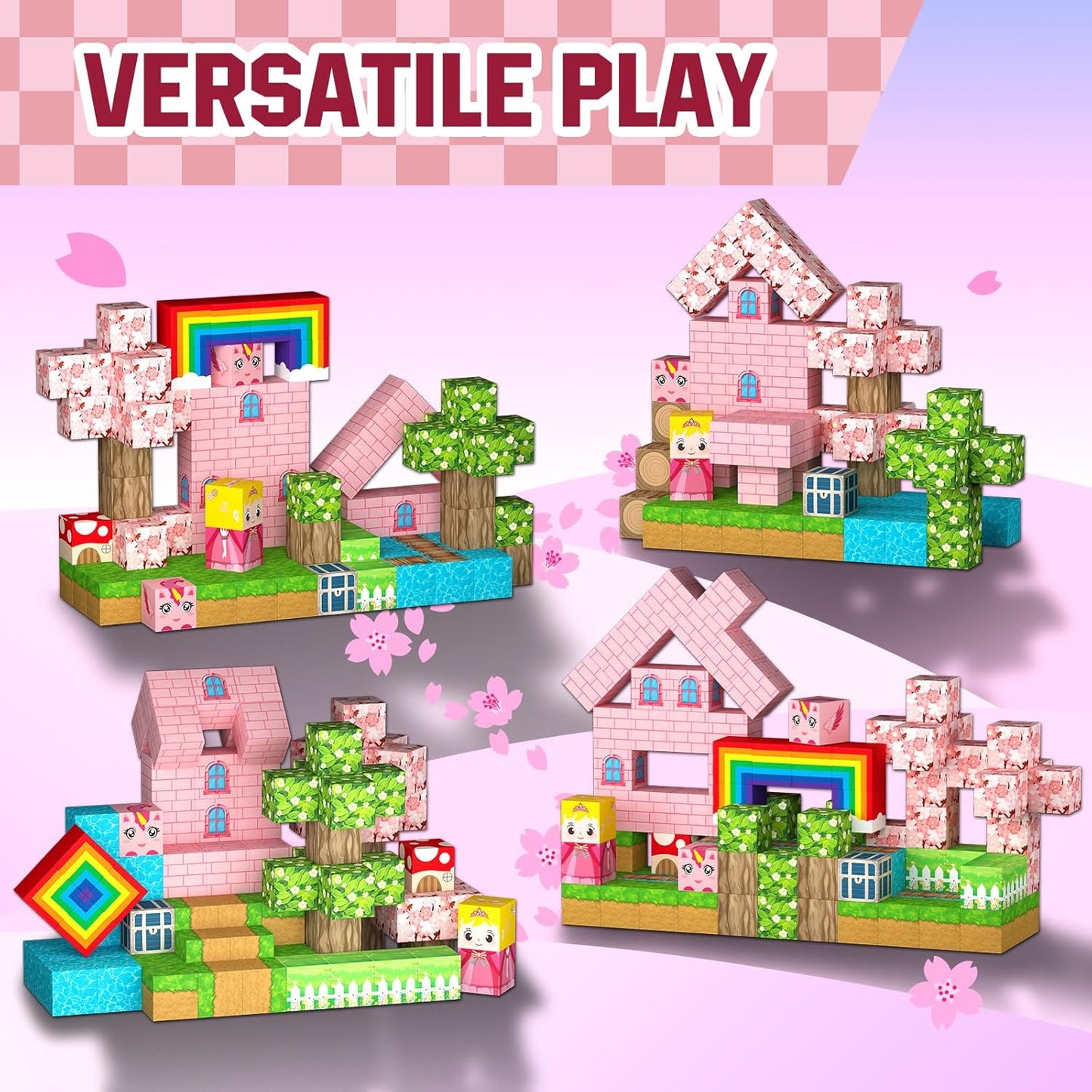 100PCS Magnetic Blocks - Princess Castle Building Forest World Set, STEM Sensory Gifts for Princess, Creative Kids Games, Building Toys for 3+ Years Old Girls, Magnets Game for Toddler (Pink)