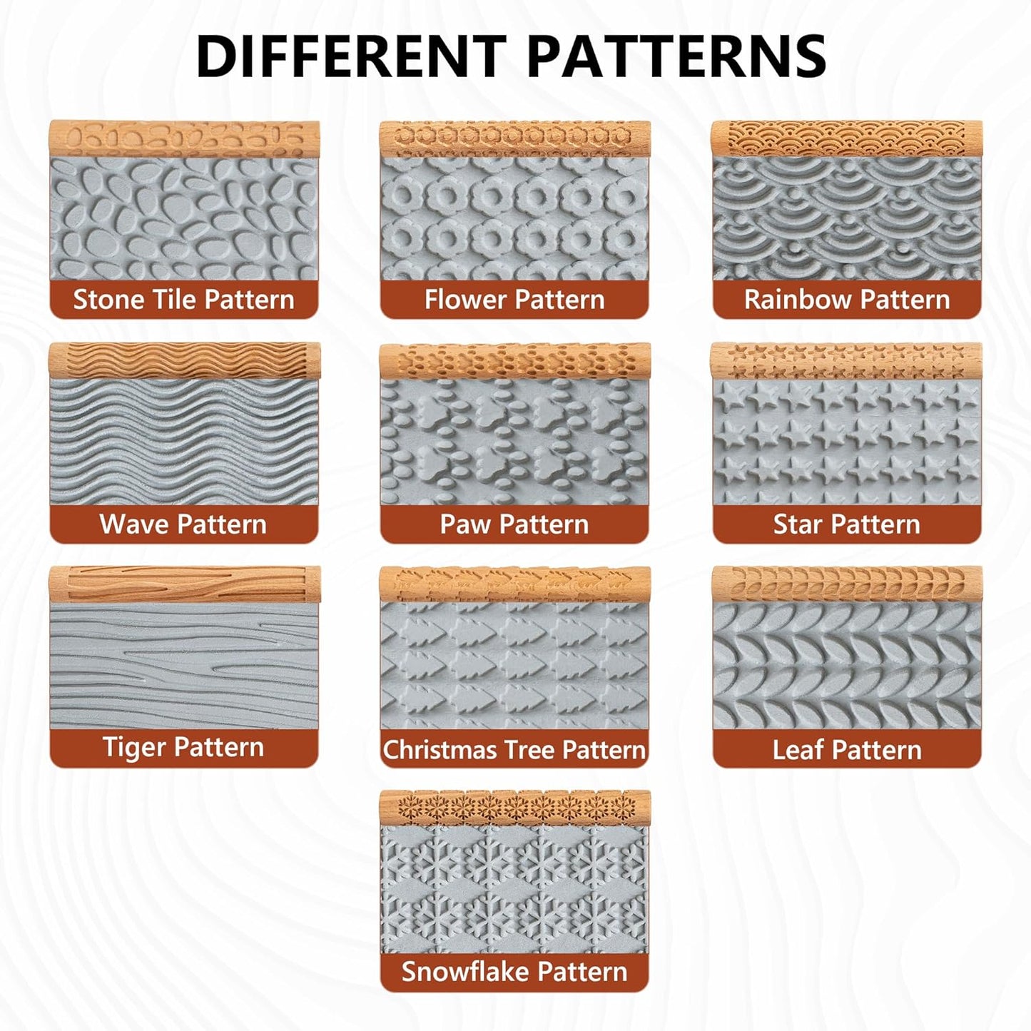 10pcs Wooden Clay Texture Rollers Set for Pottery & Ceramics - Potters Stamp Roller Tools for Ceramic Slabs - Textured Rolling Pins for Modeling, Painting & Glaze Design - 5.9 x 0.8 inch