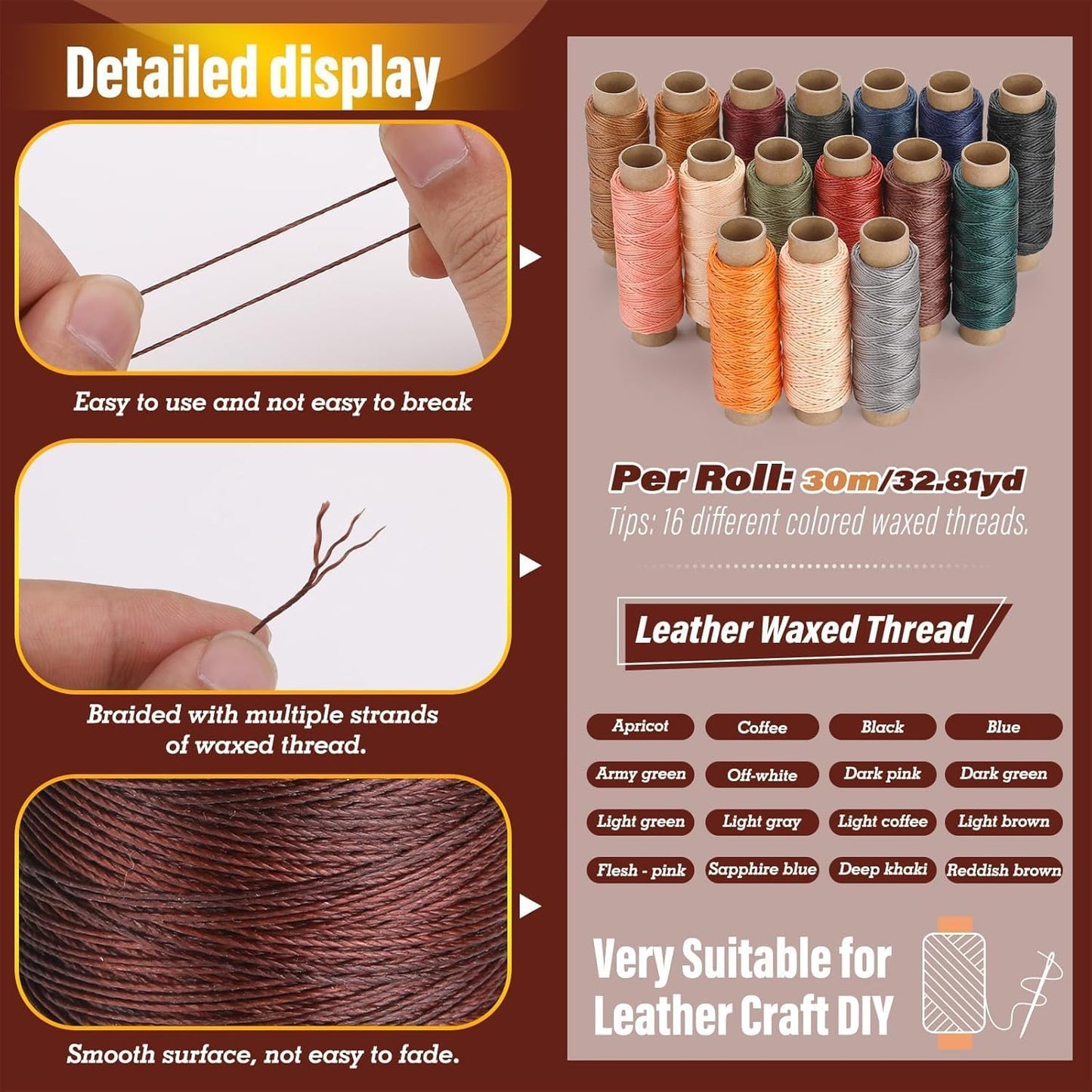 0.8 mm Leather Sewing Thread, 16 Colors 32 Yards Waxed Thread, Round Waxed Thread, Wax String for Bracelet Making, Sewing Stitching, Bookbinding, Braiding