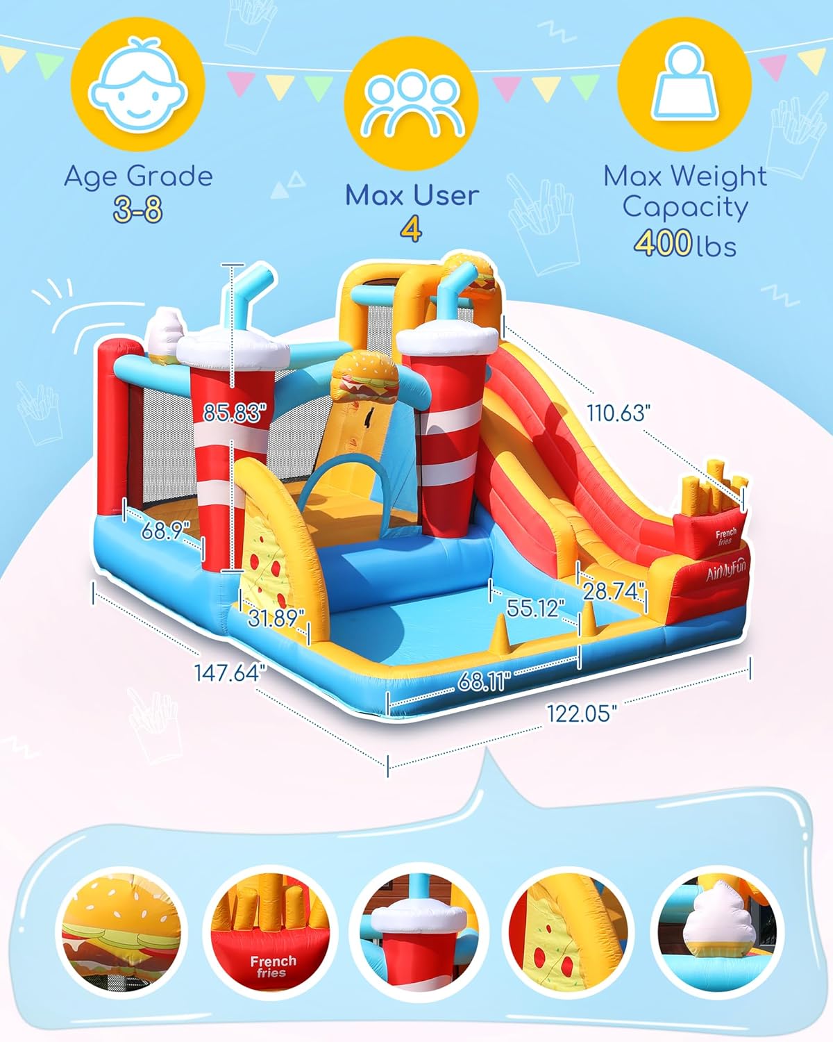 Inflatable Bounce House with Water Slide for Kids 3-12 | 12ft x 10ft Bouncy House for Toddler Backyard - Indoor & Yard Use - Includes Blower & Repair Kit