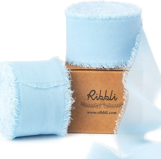 Ribbli Baby Blue Chiffon Ribbon 1-1/2 inch x 20 Yard Handmade Fringe Chiffon Silk Ribbon, Light Blue Ribbon for Wedding Invitations, Bridal Bouquets Wrapping, Flower Arrangement Decoration