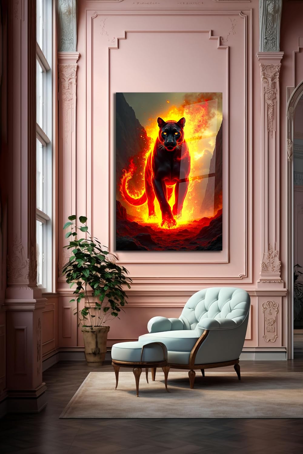 SpiritualHands Fiery Black Panther Glass Wall Art Painting for Living Room, Tempered Glass Modern Prints Decor, Large Vivid Color Panel for Bedroom, Kitchen, or Office