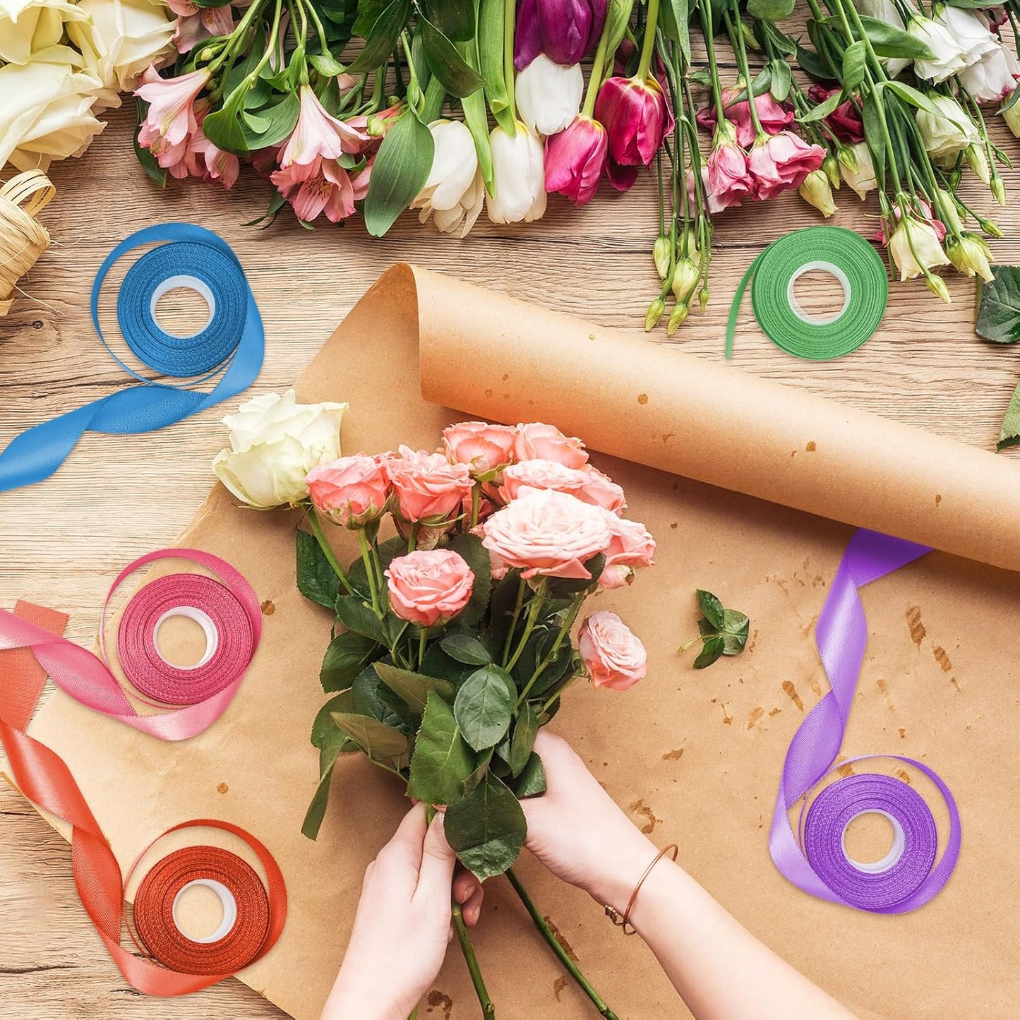 1-1/2 Inch Rainbow Satin Ribbons for Crafts, 6 Rolls Single-Faced Rainbow Assorted Ribbons for Gift Wrapping Flower Bouquet Wedding Invitations Bridal Shower Hair Bow Garland Party Decor