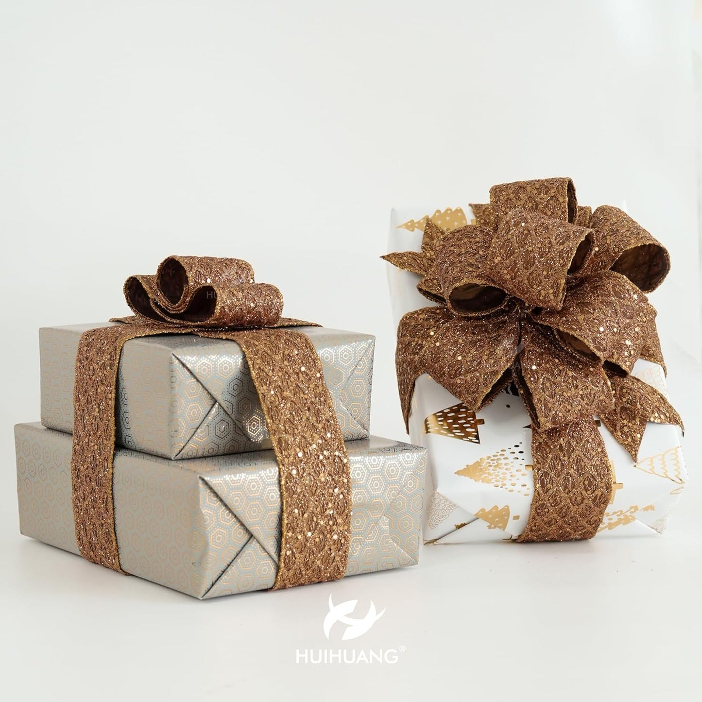 HUIHUANG Glitter Copper Wired Ribbon 2.5 inch Copper Diamond Mesh Wire Edge Ribbon for Christmas Tree, Thanksgiving Fall Decor, Wreaths, Garland, Gift Wrapping, Bows Making -10 Yards