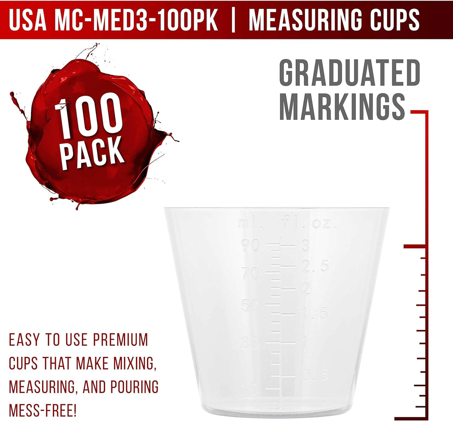 Pouring Masters 3 Oz (90 ml) Liquid Measuring Cups - Plastic Graduated Cup (100 Pack) with 25 Sticks - Reusable Mixing Cups for Paint, Craft, Kitchen, Lab, Medical Supplies, Epoxy Resin, Art