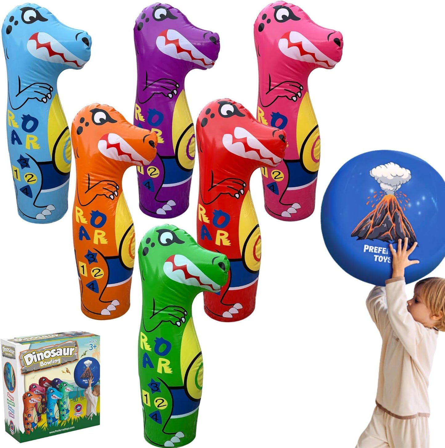 Inflatable Dinosaur Bowling Set for Kids – 6 Giant 26” Pins & 24” Ball – Fun Indoor/Outdoor Game – Educational Motor Skills Toy – Great Birthday Gift – Teaches Numbers, Letters & Shapes