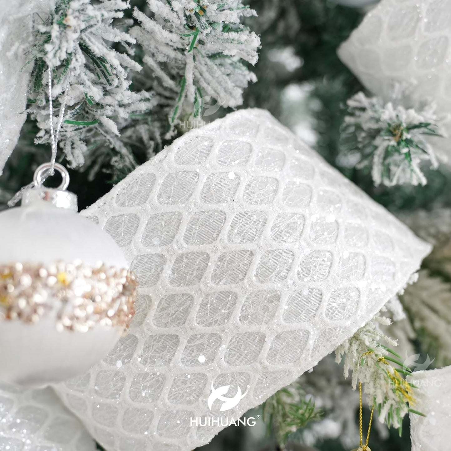 HUIHUANG White Glitter Wired Ribbon, 4 Inch x 30 Ft, Geometric Pattern, Polyester Material, Christmas Occasion