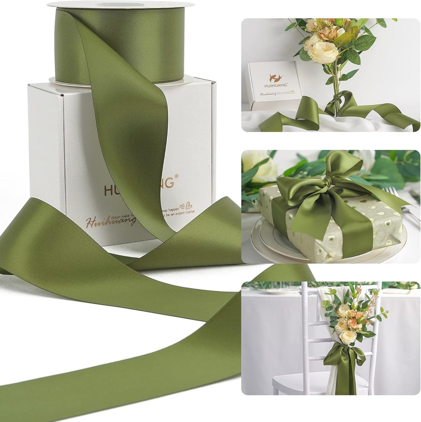 HUIHUANG Moss Green Ribbon 2 inch Double Face Green Satin Ribbon Olive Green Ribbon for for Flower Bouquet Wrap, Wedding Invitations Card, Gift Wrapping, Holiday Decor, Bows Crafts -25 Yards/Roll