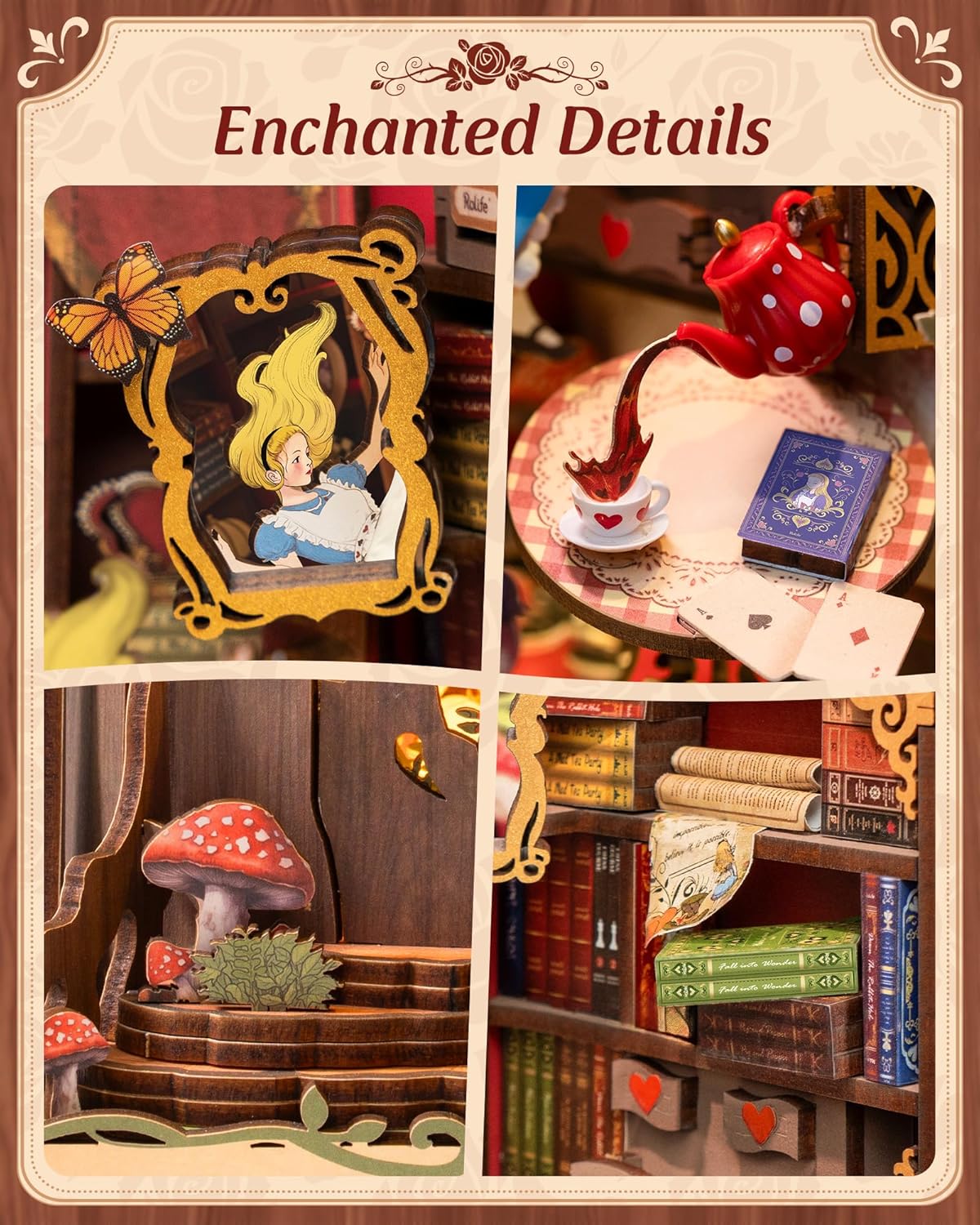 ROBOTIME Book Nook Kit, Fairy Tale Princess DIY Miniature House Kit, Fall into Wonder 3D Wooden Puzzle Bookends, Tiny House Bookshelf Decor Creative Decorative Unique Gifts for Adults & Teens