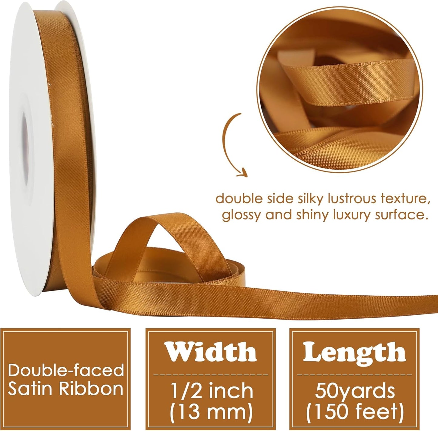 HUIHUANG Copper Satin Ribbon 1/2 inch X 50 Yards Continuous, Bronze Double-Faced Satin Ribbon for Gift Wrapping, Bows, DIY Crafts, Flower Bouquet, Wedding Bridal Shower Decor, Flower Crown