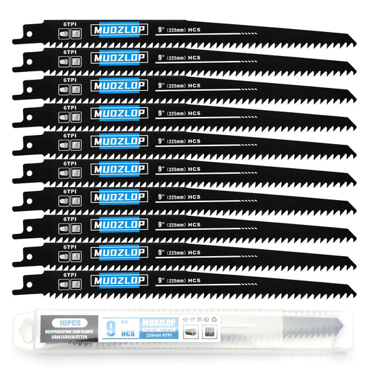 10 Pack 9 inch Reciprocating Saw Blades Set,6 TPI High Carbon Saw Blades, Woodcutting Saw Blades with Organizer Case (10, 6TPI/225mm)