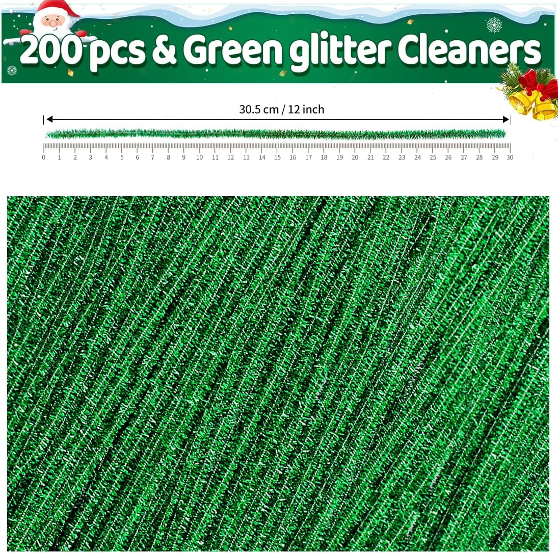 Iooleem 200pcs Green Glitter Pipe Cleaners, Glitter Chenille Stems, Pipe Cleaners for Crafts, Pipe Cleaner Crafts, Art and Craft Supplies, Christmas Pipe Cleaners.