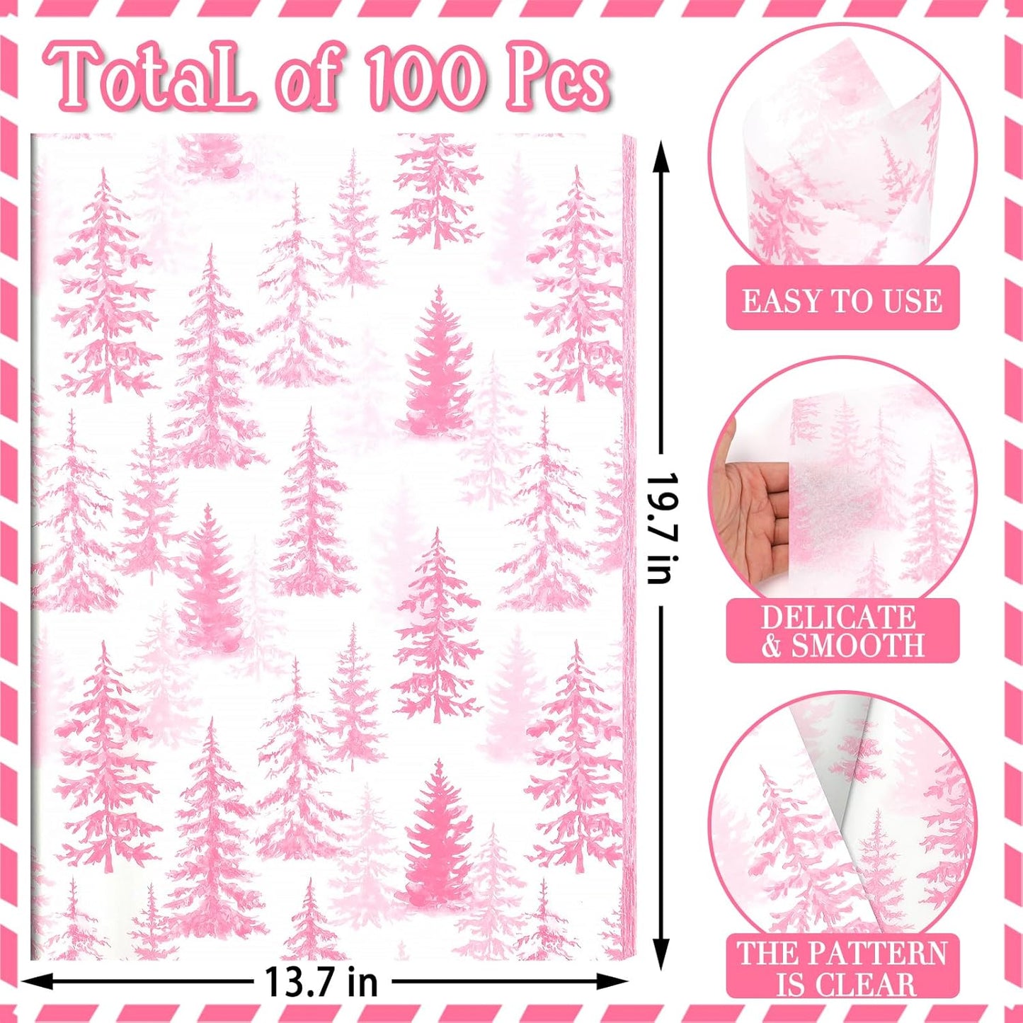 100 Sheets Christmas Tree Tissue Paper, 20x14in Forest Style Wrapping Tissue Watercolor Xmas Tree Art Tissue for Xmas Party Gift Bag Fillers Winter Party Decor (Pink)