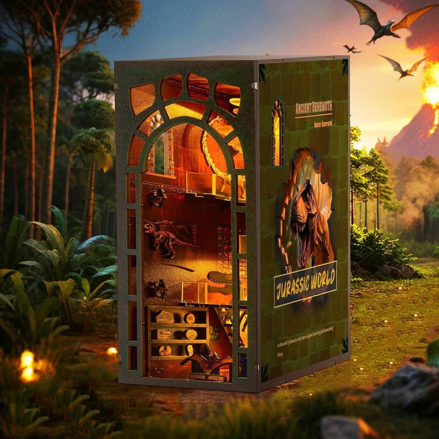 Book Nook Kit – DIY Wooden Miniature House Kits, Stunning Bookshelf Insert Decor, Ideal Gift for Holidays, Birthdays（Dinosaur Museum）