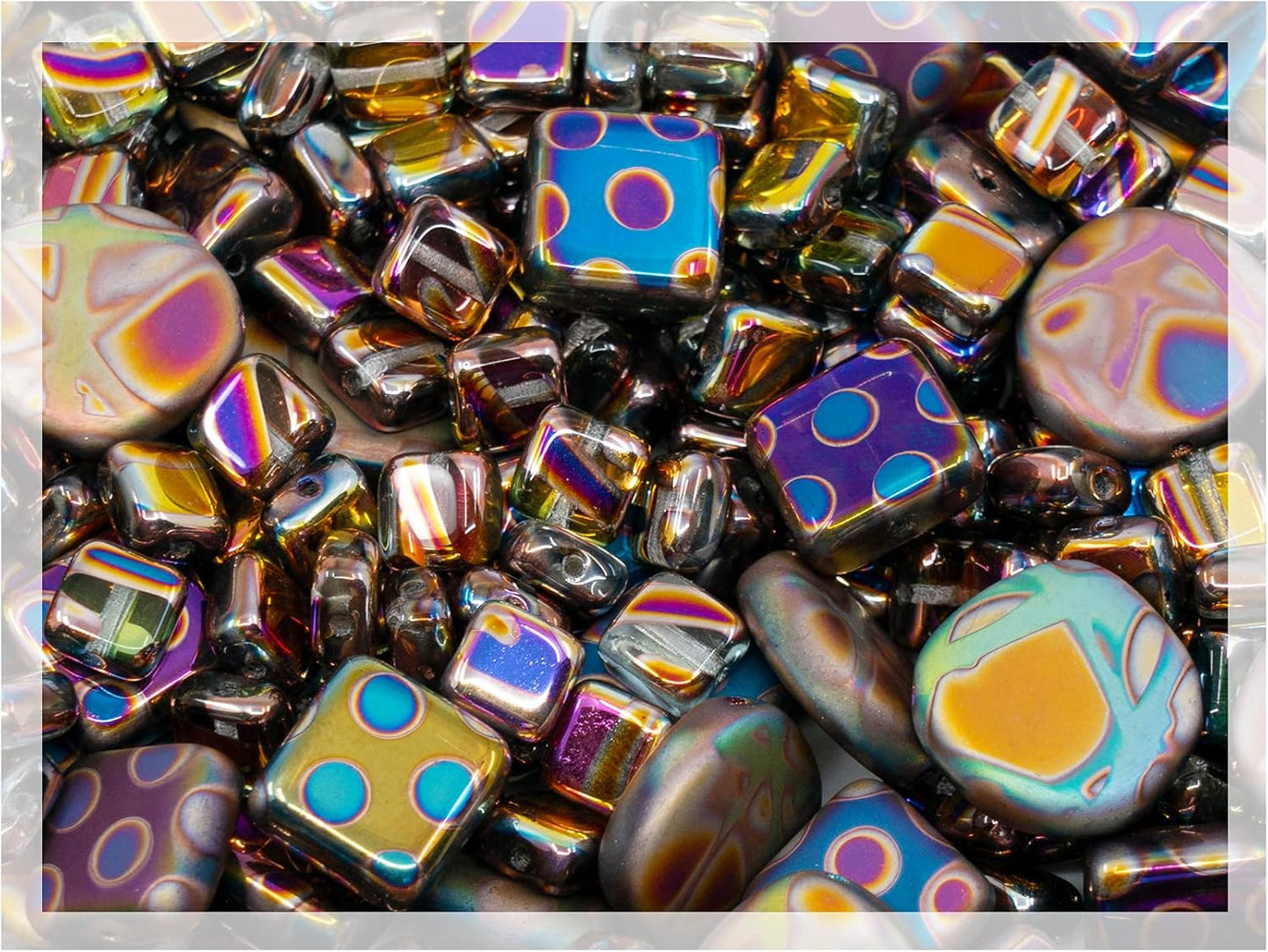 1.75 oz (50g) Mix of Unique Czech Bohemia Glass Pressed Beads, Violet Pink Vitrail Sliperit, Patterned, Matte and Glossy, Hand Made BCV