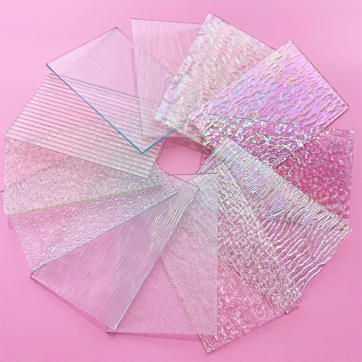 ILLUCKAI 12 Sheets Clear Textured Stained Glass Sheet, 4 x 6 inch Rainbow Iridescent Cathedral Art Glass Variety Textures, Stained Glass Supplies for Stained Glass Projects and Mosaic Crafts