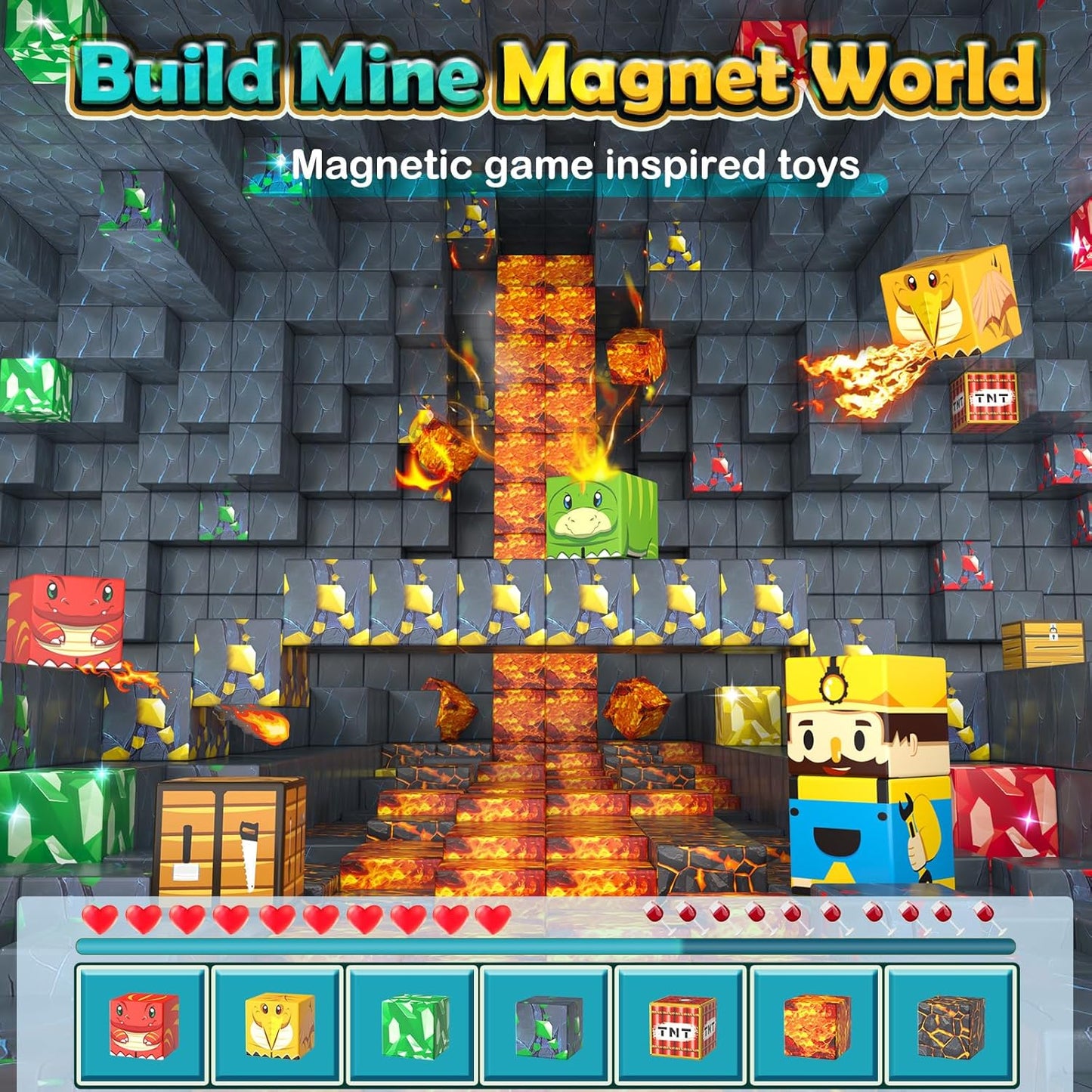 100PCS Magnetic Blocks - Build Mine Magnet World Mine Adventure Set Dinosaur Toys, Creative Jurassic Kids Games for 3-5 5-7 8-12 Boys, Sensory STEM Outdoor Toys for Boys & Girls Birthday Gifts