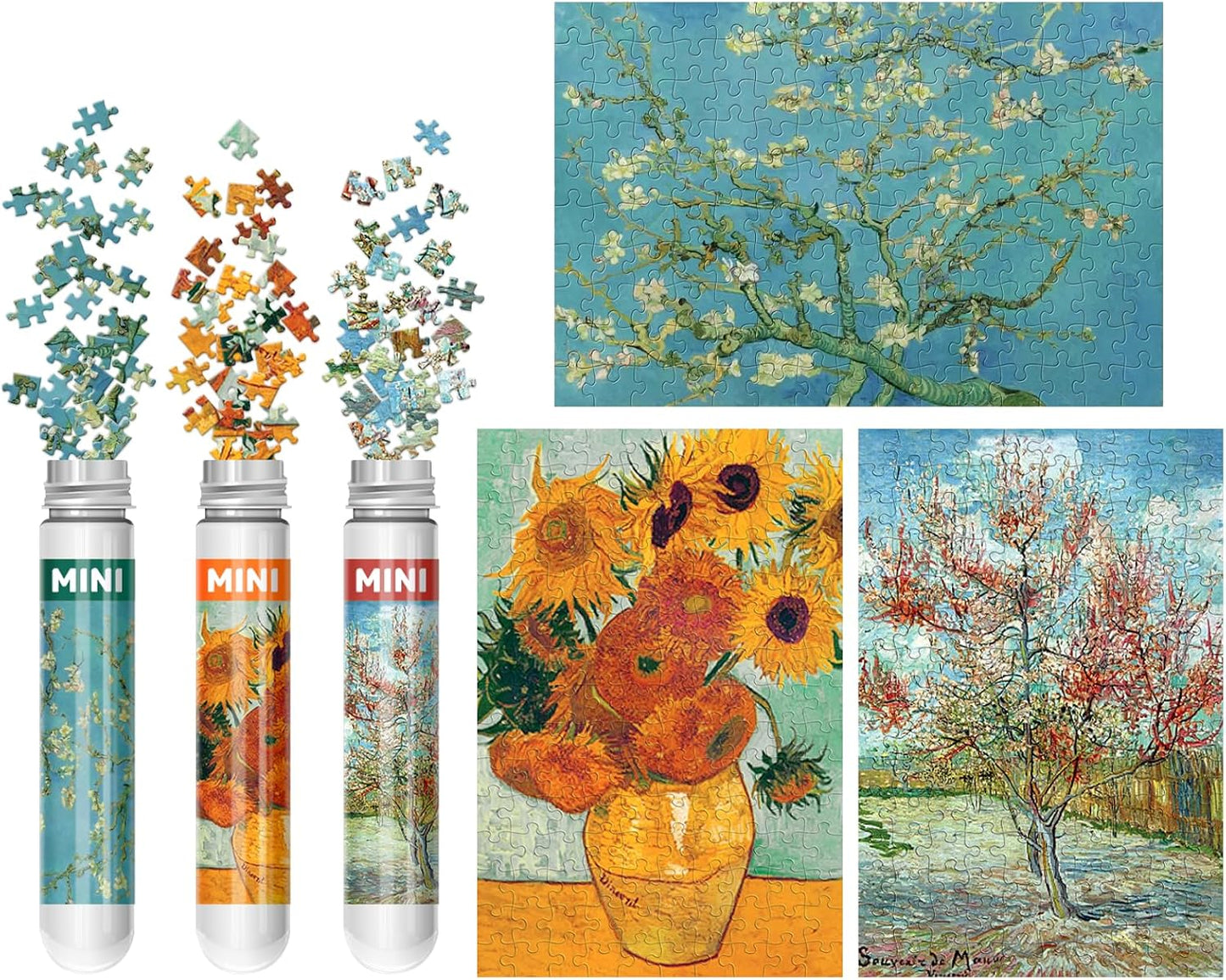 150 Pieces Mini Jigsaw Puzzles for Adults & Kids, 6" x 4" Small Jigsaw Puzzles Capsule Tube Jigsaw Puzzles Intelligent Game, Branches Of An Almond Tree In Blossom The Pink Peach Tree Sunflowers 3 Pack