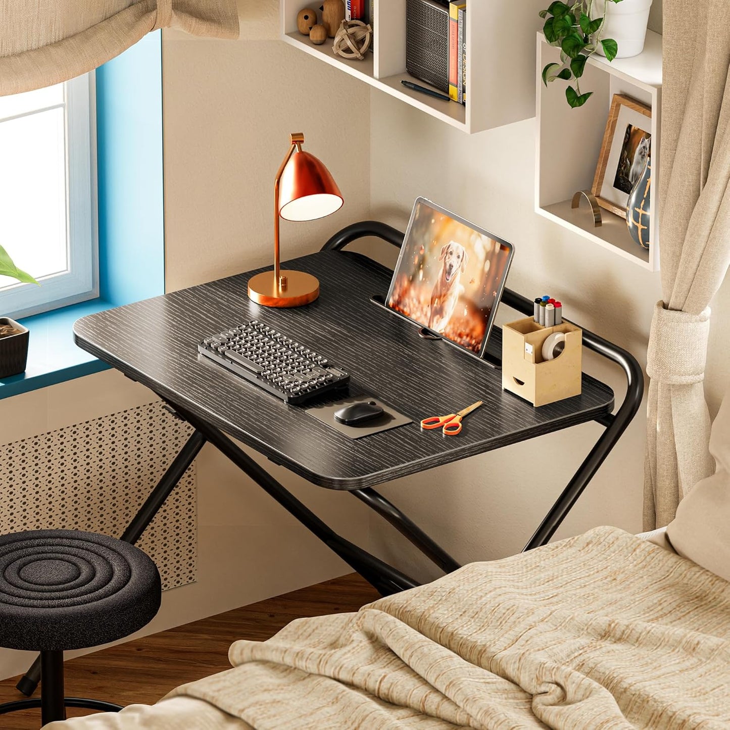 Huuger Folding Desk with 3-Level Adjustable Height and Tablet Slot, 24 Inch Foldable Computer Desk for Small Spaces, Space Saving, Study Writing Work Table for Home Office, Bedroom, Study, Black
