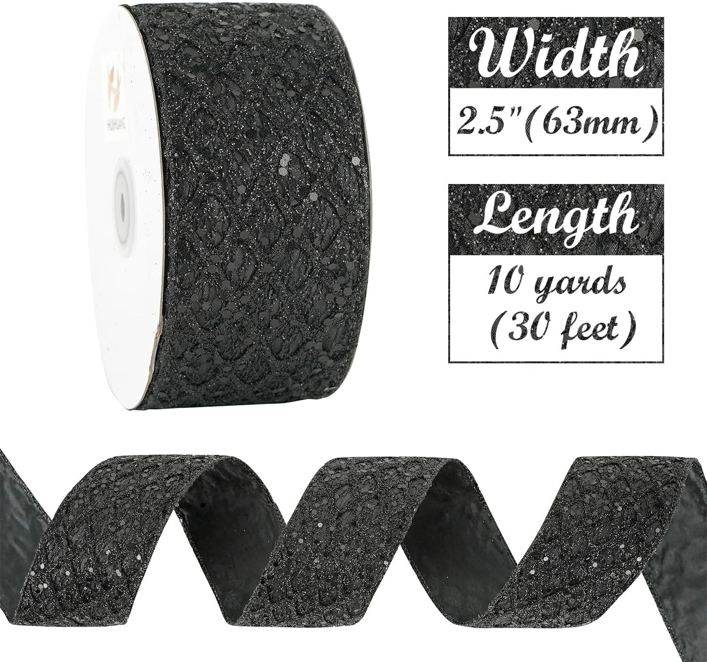 HUIHUANG Glitter Black Wired Ribbon for Christmas Tree 2.5 inch Black Diamond Mesh Wire Ribbon for Tree Decoration, Wreaths, Garland, Gift Wrapping, Bows Making, Halloween Decor -10 Yards