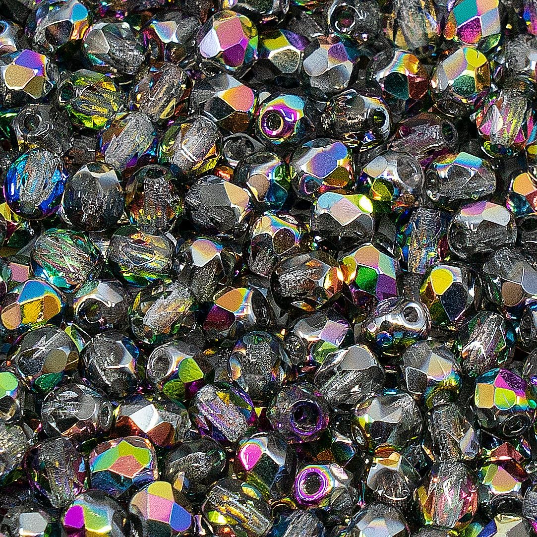 1.8 oz (50g, Approx. 600pcs) of Faceted Fire Polished Pressed Czech Glass Beads 4mm (0.16in), Crystal Vitrail 00030-28101 BCV