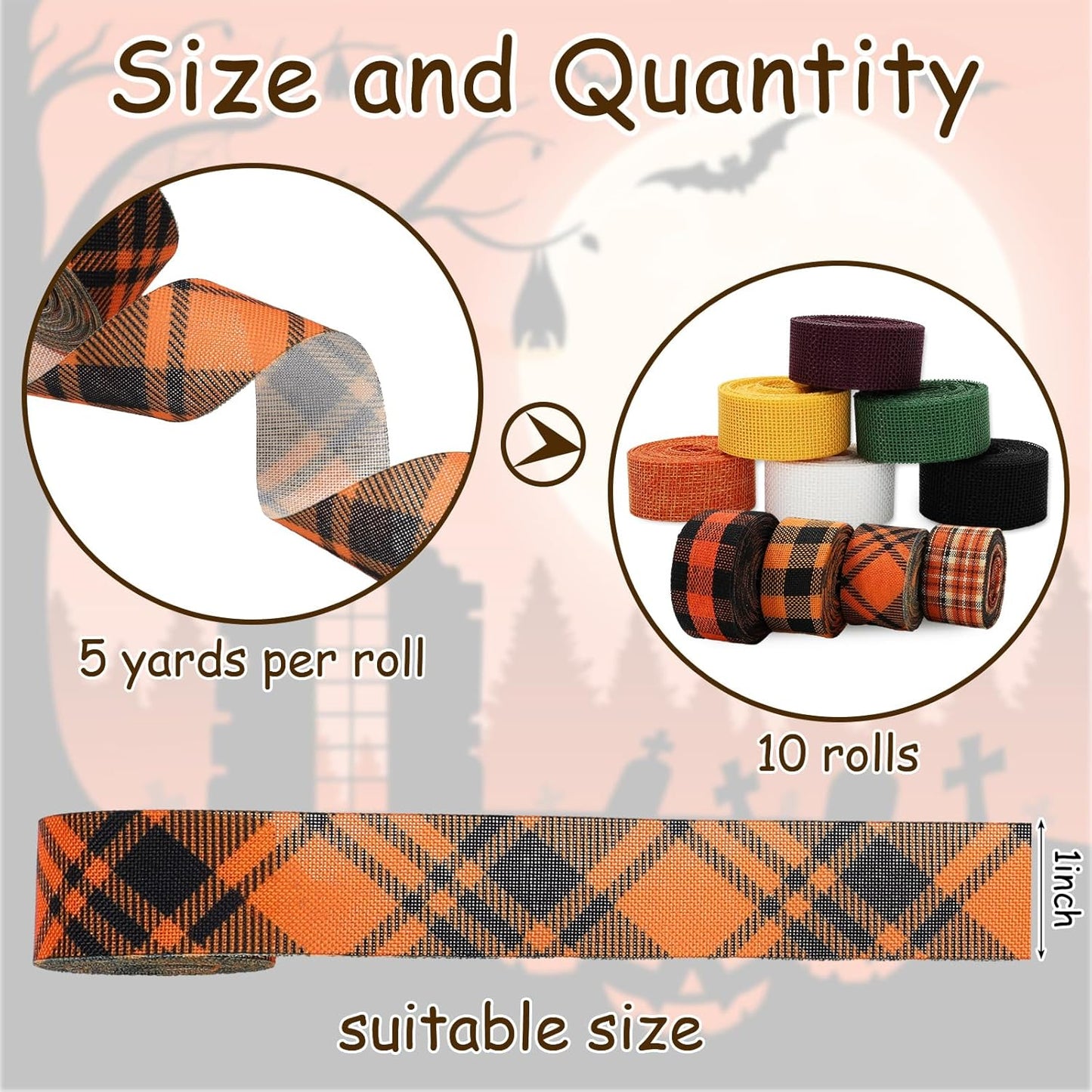 10 Rolls 50 Yard Halloween Plaid Burlap Ribbon Rolls 1 Inch Gift Wrapping Ribbon Decorative for DIY Crafts Wreath Bow Making Supplies Home Decor