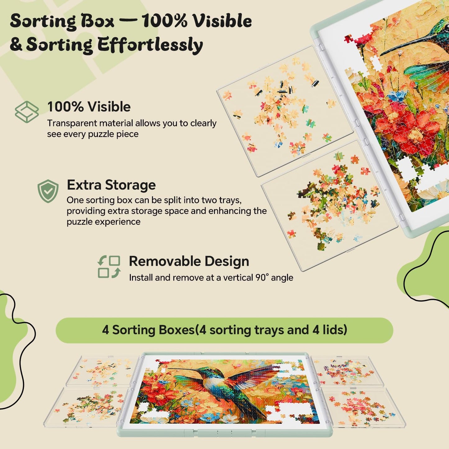 1000 Pieces Puzzle Board 3-in-1 Double-Sided & Rotating & Tilting, Plastic Puzzle Table with Sorting Boxes and PVC Cover, Portable Lazy Susan Jigsaw Puzzle Board for Adults, Gray Green