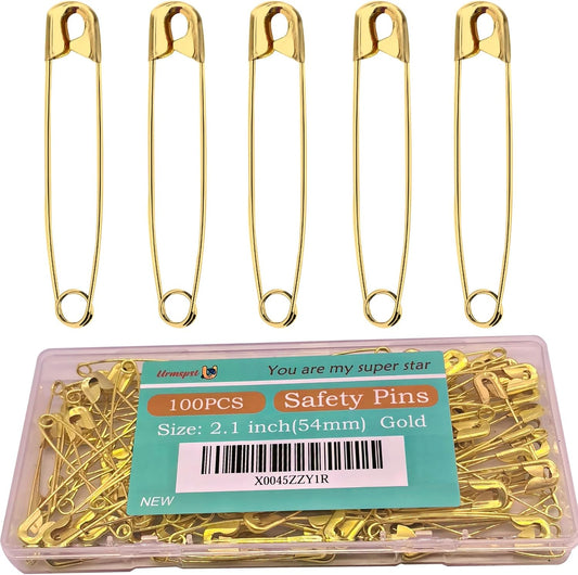 100PCS Safety Pins, 2.1 inch Small Safety Pins, Rust-Resistant Nickel Plated Steel, Sharp Edge Safety Pin for Clothes, Sewing, 54mm Decorative Safety Pins Assorted (Gold)