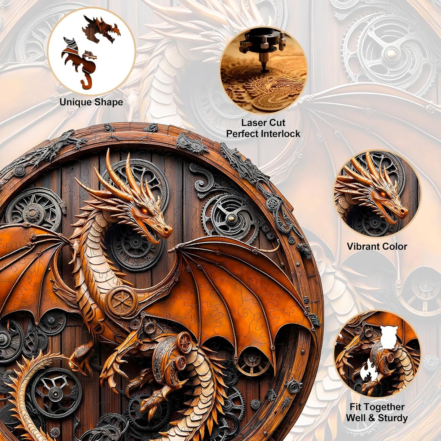 KAAYEE Wooden Puzzles for Adults, 3D Vision Mechanical Dragon Wooden Jigsaw Puzzles, Unique Shape Advanced Wood Puzzle Adult, Birthday Fathers Family Games (L-13.4 * 13.3in-300pcs)