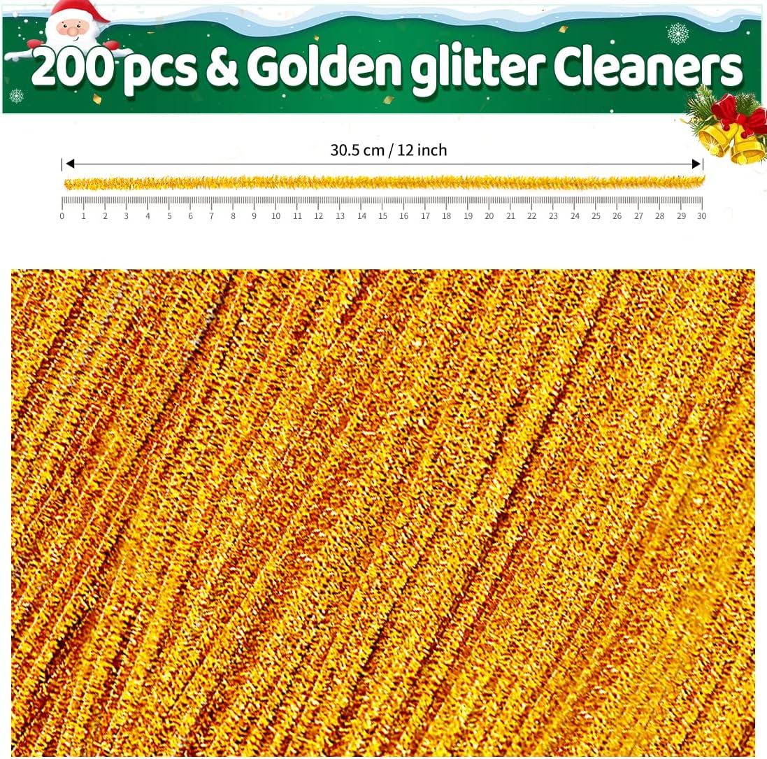 Iooleem 200pcs Golden Glitter Pipe Cleaners, Glitter Chenille Stems, Pipe Cleaners for Crafts, Pipe Cleaner Crafts, Art and Craft Supplies, Christmas Pipe Cleaners.