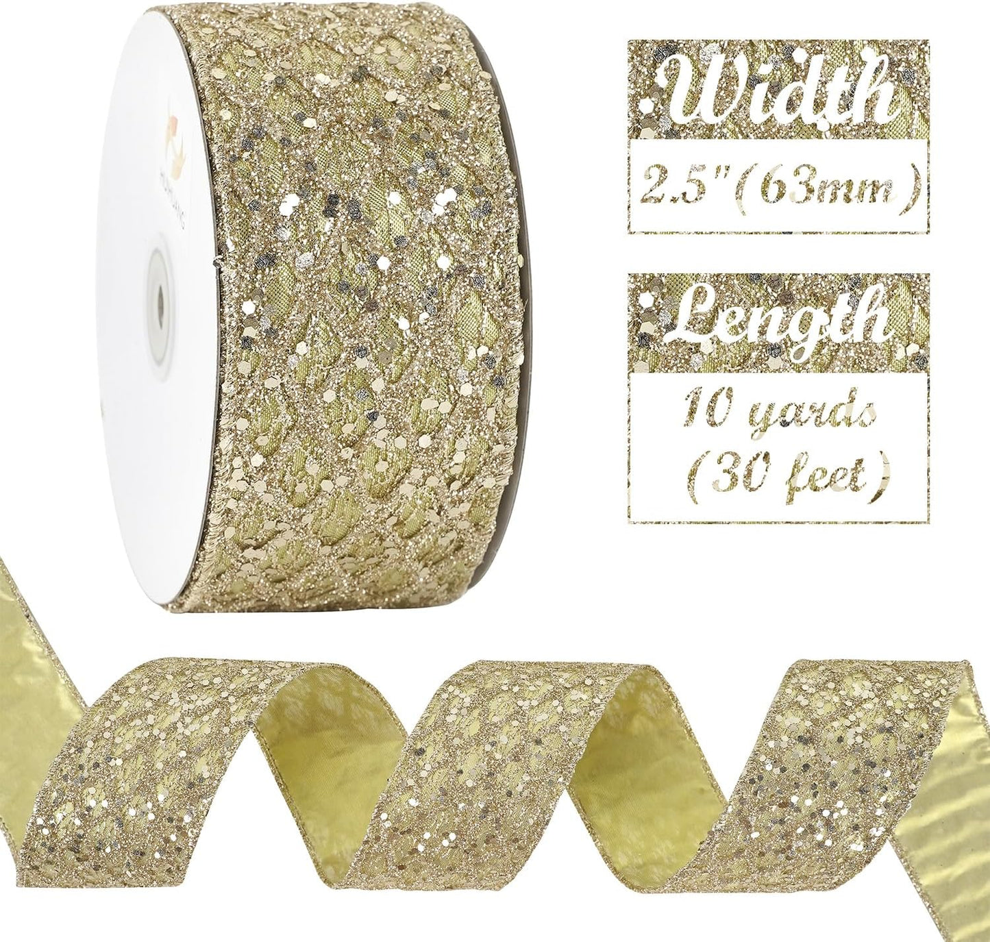 HUIHUANG Champagne Glitter Wired Ribbon for Christmas Tree 2.5 inch Champagne Gold Diamond Mesh Ribbon for Tree Decoration, Wreaths, Garland, Gift Wrapping, Bows Making, Home Decor -10 Yards