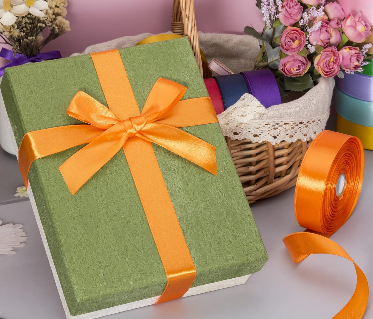 1 Inch Orange Solid Satin Ribbon, 50 Yards Craft Fabric Ribbon for Gift Wrapping Floral Bouquets Wedding Party Decoration
